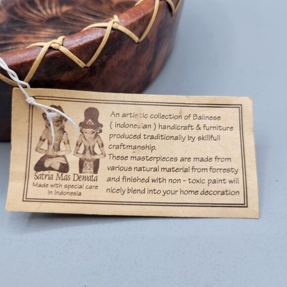 Balinesian Handcrafted Terra Cotta Decorative Bowl Rattan Rim Floral Etched - Picture 6 of 7